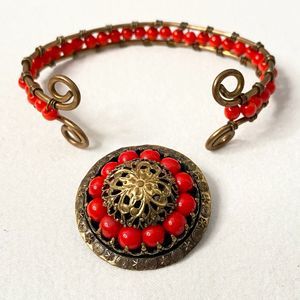 Married Red Bead Dome Brooch And Cuff Bracelet Set Bronze Tone And Copper Wire